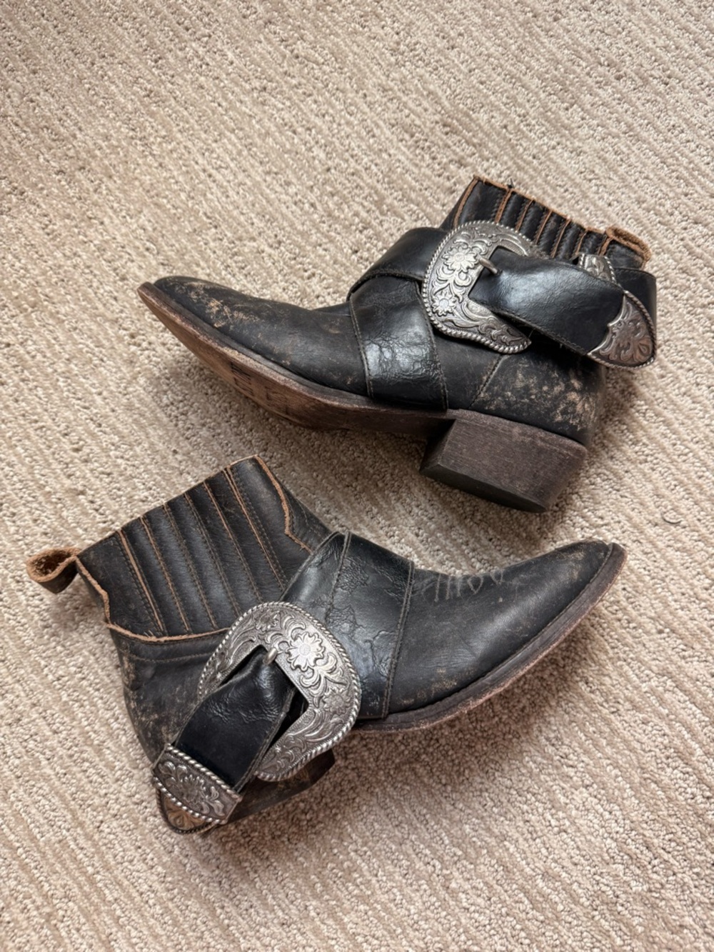 Matisse X Understated Leather Black Western Ankle Booties with Silver Buckles